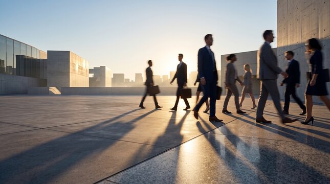 Business Professionals Walking on Rooftop at Sunset