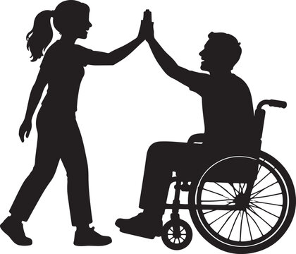 A girl giving a high five to a man sitting in a wheelchair silhouette Vector