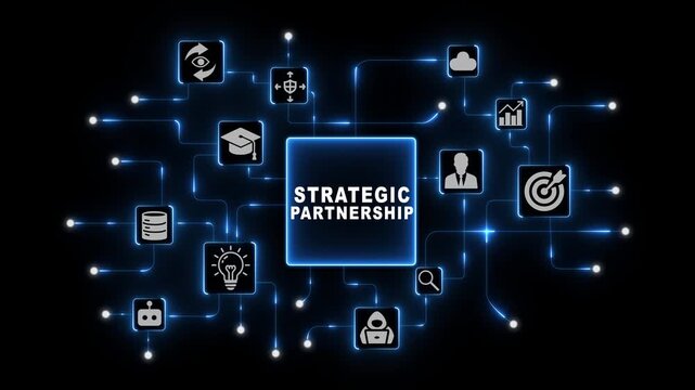 Strategic Partnership Concept with Connected Business Icons in Blue Neon Digital Network on Dark Corporate Technology Background