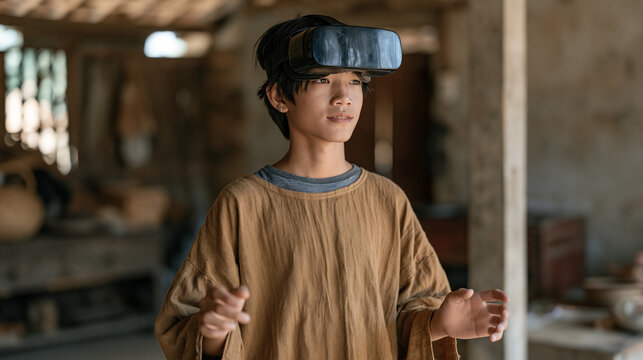 Vietnamese teenage student wearing a VR headset standing still in a rural living room, hands slightly raised, fully immersed in a historical battle reenactment lesson, furniture