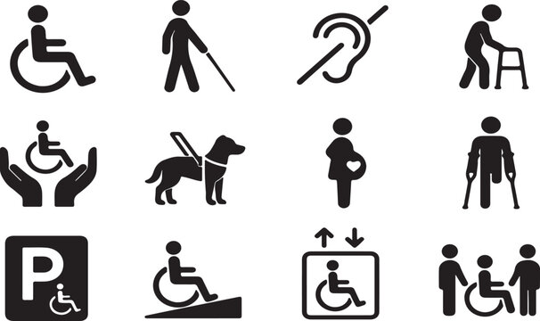 Set of black disability and accessibility icons on white background Vector