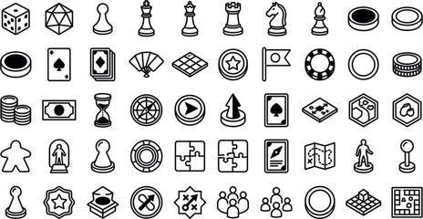 Board Game and Tabletop Gaming Line Icon Set with Chess Pieces Dice Playing Cards Meeple Chips Tokens and Strategy Maps VectorBoard Game and Tabletop Gaming Line Icon Set with Chess Pieces Dice Playin © MDJAHIDUL