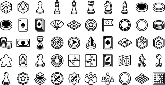 Board Game and Tabletop Gaming Line Icon Set with Chess Pieces Dice Playing Cards Meeple Chips Tokens and Strategy Maps VectorBoard Game and Tabletop Gaming Line Icon Set with Chess Pieces Dice Playin