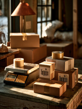 Sunlight bathes a cluttered desk with boxes and packages