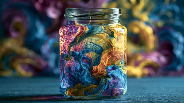Colorful paint mixing in a glass jar on a blue background during artistic process