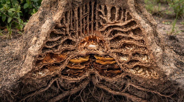 Sectioned termite mound with ventilation shafts, nursery chambers, fungus gardens, royal chamber, and root-connected tunnels. Packed earth textures, pale clay walls, worker termites in motion, warm