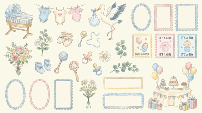 Soft Watercolor Baby Shower Celebration Clipart Collection featuring Hand-Painted Party Elements for Nursery Invitation Design Decorative Pastel Vector Illustration Set for New Arrival Event