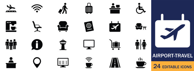 Airport travel icon collection set flight terminal navigation glyph vector flat illustration © Iconic Icons 19