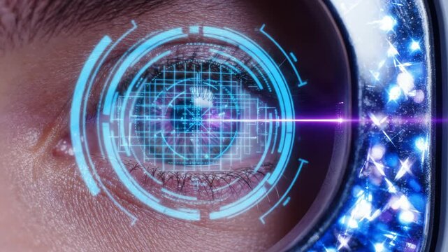 Macro view of a human eye with futuristic digital biometric scanning technology overlay. High tech security analysis and authentication system interface scanning an eyeball in closeup.