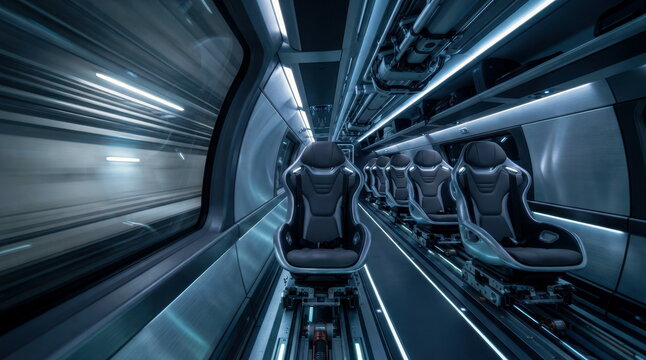 A hyperloop pod interior racing through an evacuated tube, showing aerodynamic seating shells, magnetic levitation systems, pressure seals, vibration dampers, and tunnel lights streaking past