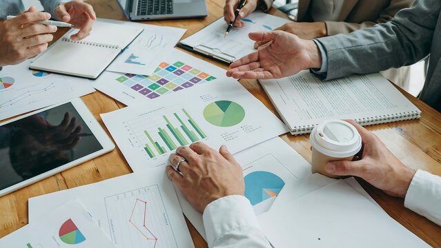 Business Meeting in Progress: A group of colleagues is actively engaged in a productive business meeting, analyzing charts and data on a wooden table.