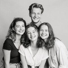 Fototapeta premium Youthful friends happily posing in a studio for a black and white portrait, celebrating friendship and togetherness