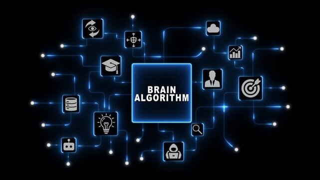 Brain Algorithm Technology with Connected AI Icons in Blue Neon Digital Network on Dark Futuristic Background Design