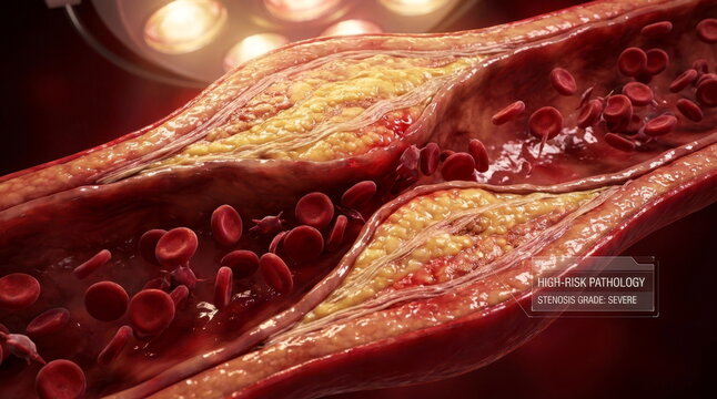 Cutaway of a coronary artery packed with layered plaque, flowing blood cells, endothelial lining, and a narrowing cholesterol deposit threatening circulation, macro medical render, glossy tissue