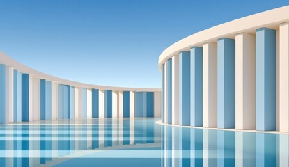 Obraz premium Abstract modern architecture with curved colonnade, reflective water and blue minimal design