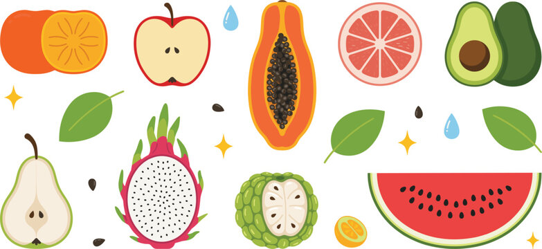 Flat Style Vector Illustration Set of Fresh Cut Fruits Featuring Papaya DragonFruit Avocado Watermelon Pear Apple and Grapefruit for Healthy Food Designs