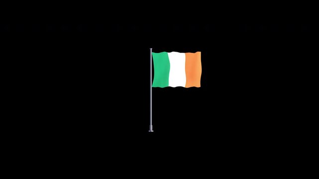 Ireland flag waving in wind on flagpole against black background smooth loop able animation, national flag of ireland country in europe.