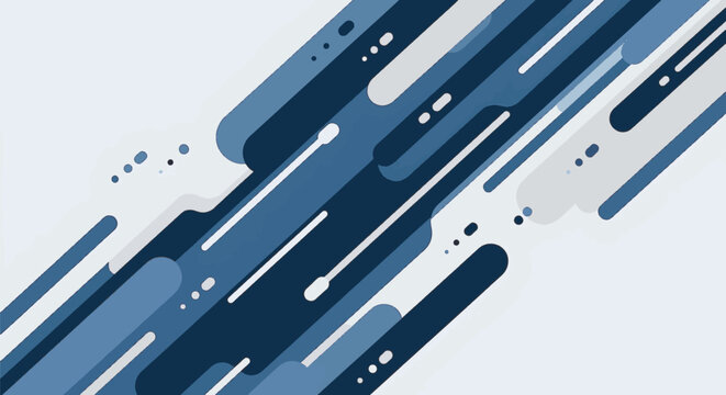 Abstract vector graphic with diagonal flowing rounded shapes, parallel bars, and dots in navy blue, slate, and light gray tones on a clean white background.