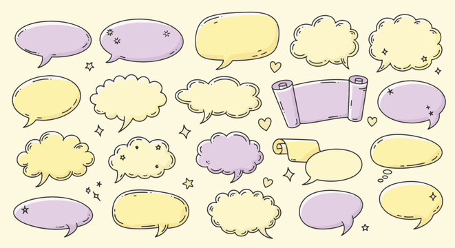 Hand-drawn collection of cute speech bubbles and thought clouds in pastel yellow and purple colors with decorative stars, hearts, and scrolls on a light cream background vector.