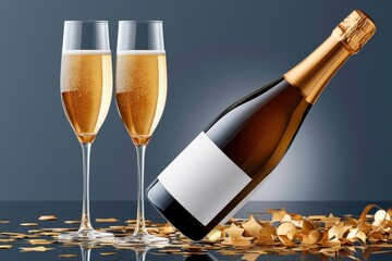 Fototapeta premium Champagne bottle and two filled flutes on dark mirror surface with gold confetti for New Year celebration