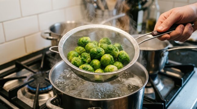 Hand holding a strainer with fresh brussels sprouts over a pot of boiling water
