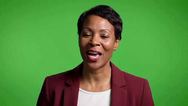 Professional African American businesswoman speaking confidently, isolated on green screen.