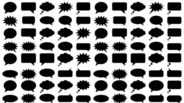 Grid of black speech and thought bubbles in various shapes, representing dialogue, ideas, and expressive communication in graphic design.