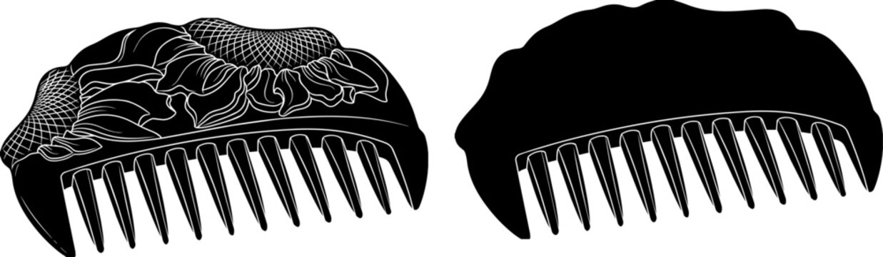 Floral hair combs set black and white vector illustration