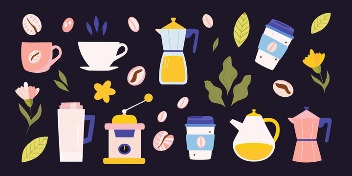 Coffee themed vector illustration with cups pots and coffee beans
