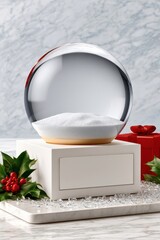 Fototapeta premium Minimal Christmas snow globe mockup with gift box, holly and marble display for holiday design
