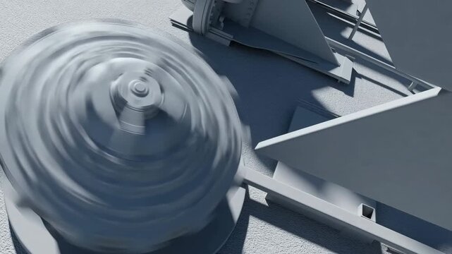 Spinning rooftop winch drum with blurred rim, angled metal supports, central hub, bolt, and cool directional light on weathered industrial platform, with winch, drum, spool, hub detail