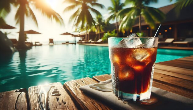 Ice-filled cold brew coffee on wooden deck by a tropical pool