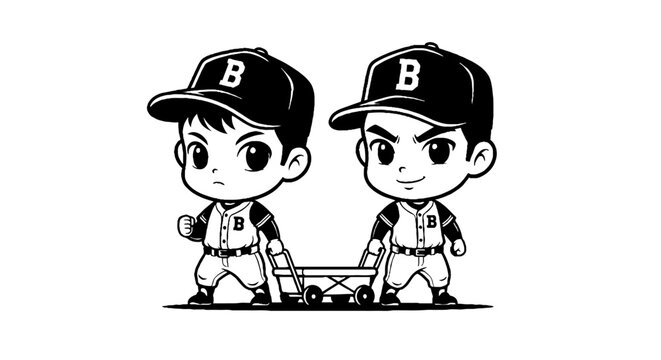 Cartoon baseball players in action pose illustration.
