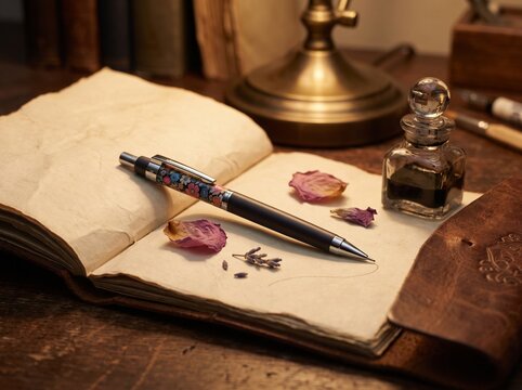 Vintage writing desk, antique pen, inkwell, and rose petals on old book, romantic study setup