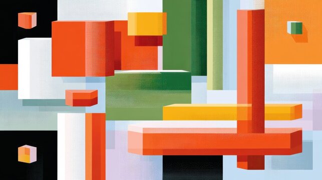 Colorful geometric abstract with pixelated cubes and floating blocks in modern composition