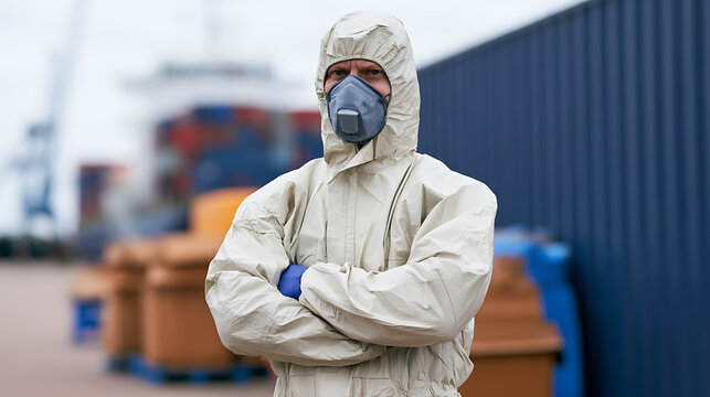 Serious person in protective suit and respirator mask stands with arms crossed at a shipping port, ready for decontamination work
