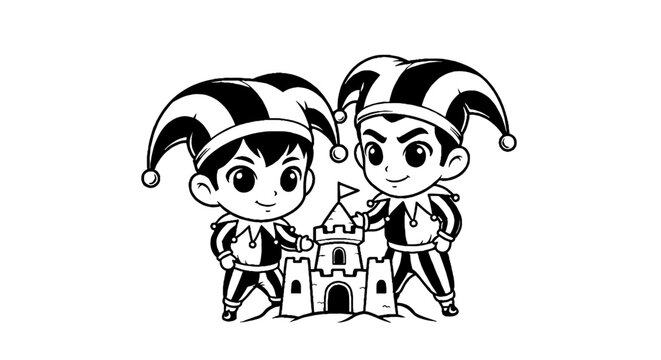 Two cartoon jesters standing beside a castle illustration.