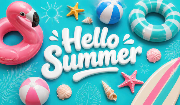 Hello summer vector design. Hello summer text with tropical elements like floater, beach ball and surf board. Vector illustration summer greeting background.