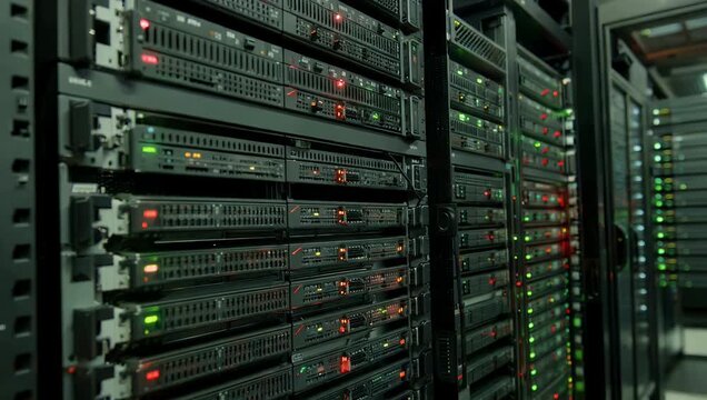 High resolution 4K footage of blinking network activity lights red green inside data center cabinet emphasizing digital infrastructure motion technology IT corporate stock 