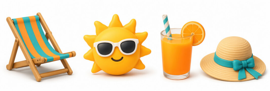 3d summer objects png element set on transparent background