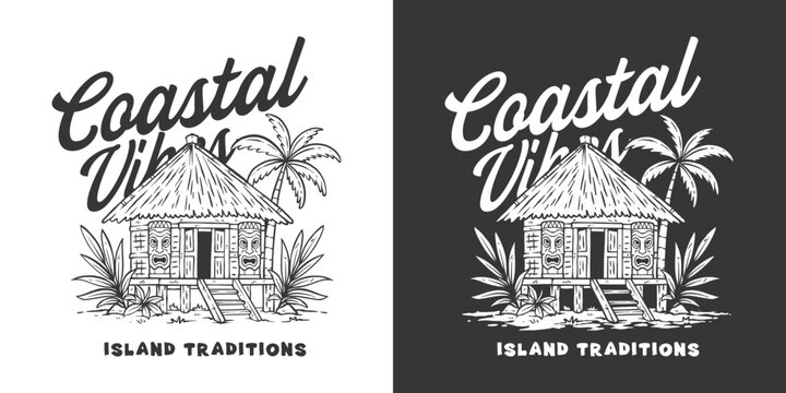 Vintage Tropical Island Hut with Palm Tree and Tiki Carvings. Coastal Paradise Architecture Travel Hand Drawn Retro Design Vector Illustration
