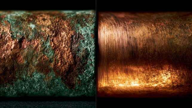 Split-view of a copper pipe with the left half green-brown tarnished and the right half bright polished copper. Concept of copper restoration.