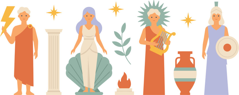 Ancient Greek Gods and Goddesses Flat Vector Set Featuring Zeus Aphrodite Apollo Athena Amphora Column and Lyre for Mythology Graphic Designs