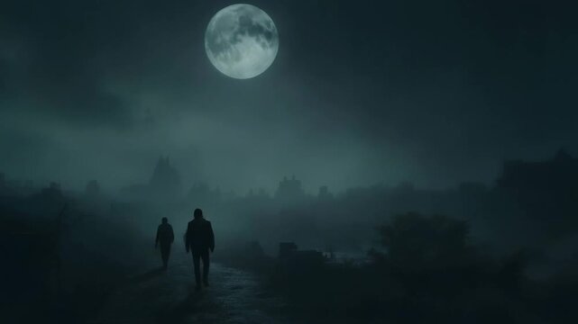 Mysterious figures walk under a full moon on a foggy night.