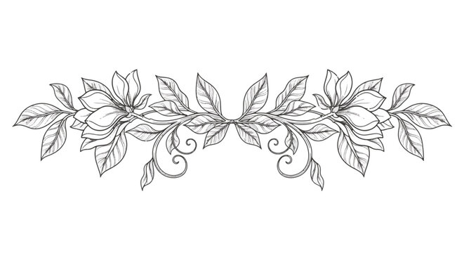 Elegant black and white horizontal scrollwork garland featuring botanical leaves and floral elements in a symmetrical line art style, isolated on a white background for graphic design.