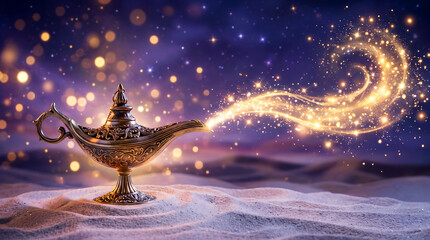 Ornate golden antique magic lamp emitting glowing sparkling swirling light trails against a dark starry desert sky in a dreamy cinematic fantasy style digital art composition © yuvaraj