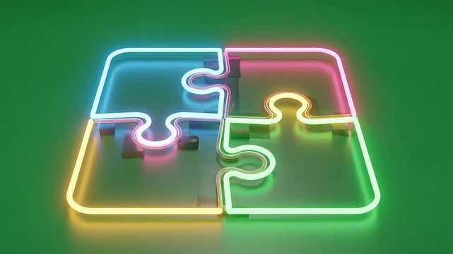 A glowing neon puzzle piece icon set against a solid green background
