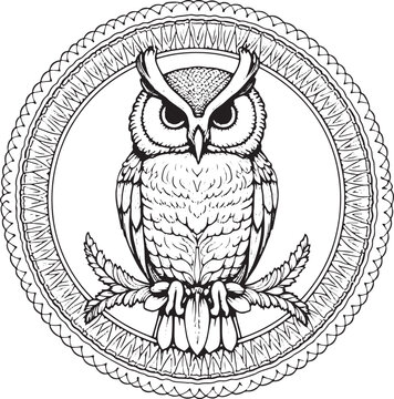 Black and white hand drawn owl illustration inside a round mandala frame Vector