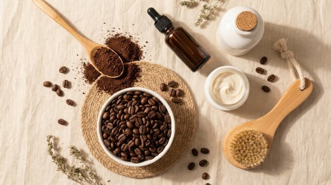 Coffee bean skincare and spa treatment set with coffee grounds and cream