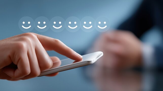 Hand using smartphone to provide customer satisfaction feedback, selecting top ratings in digital service evaluation platform for excellent client experience